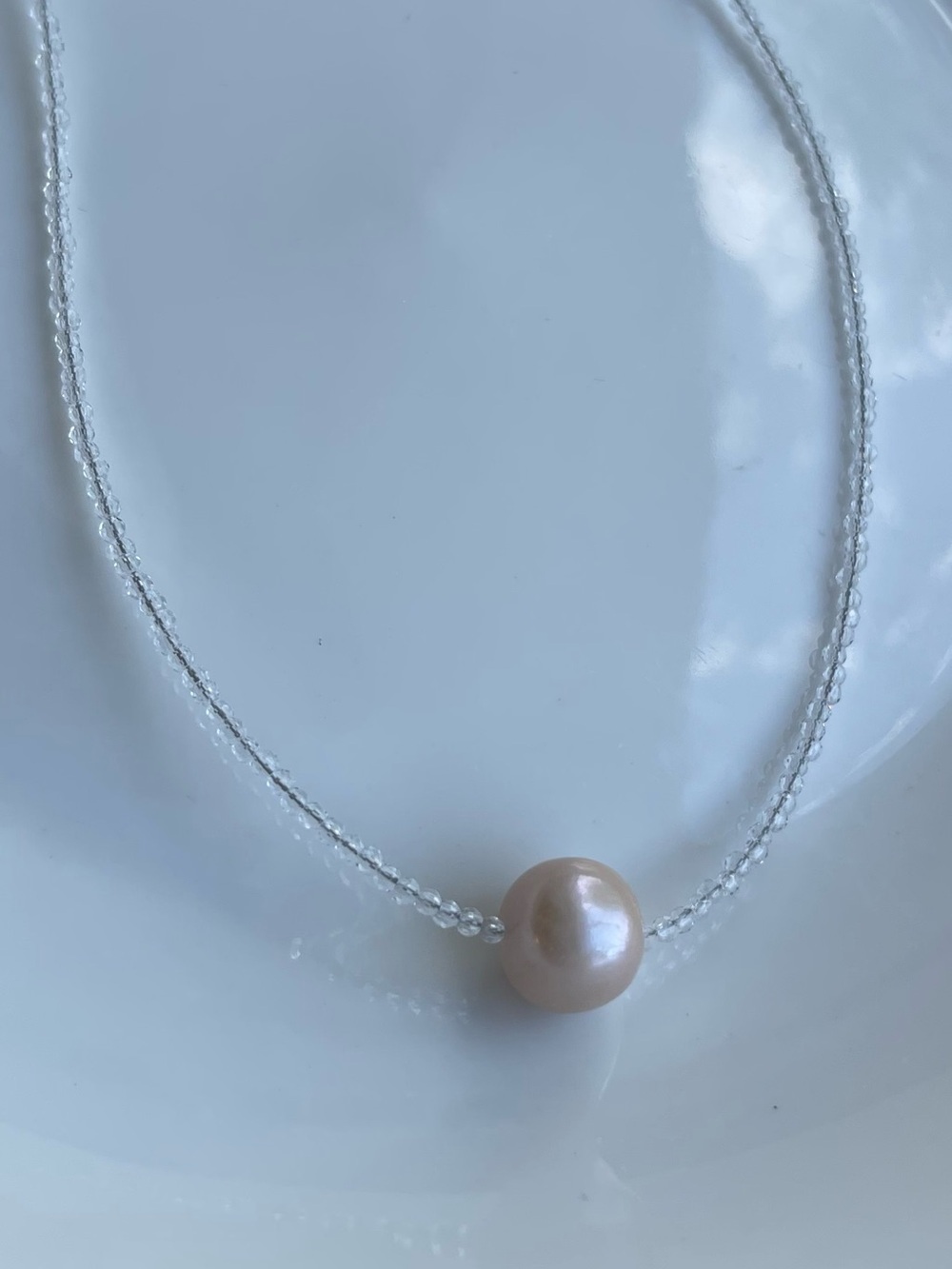 Genuine Pearl Pendant Necklace - Cream Pearl on Crystal Beaded Necklace